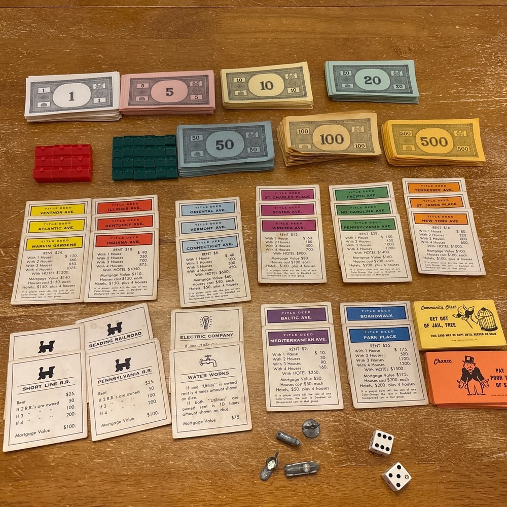 1960s Parker Bros Monopoly Pieces  Replacement Parts Cards, Cash, Hotels More
